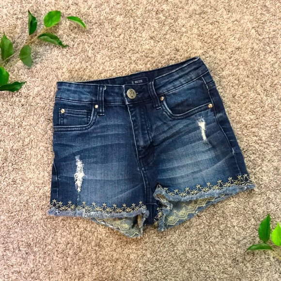 STS Blue High Waisted Jean Shorts Denim Dark Wash Womens Sz 0 Distressed Cut Off